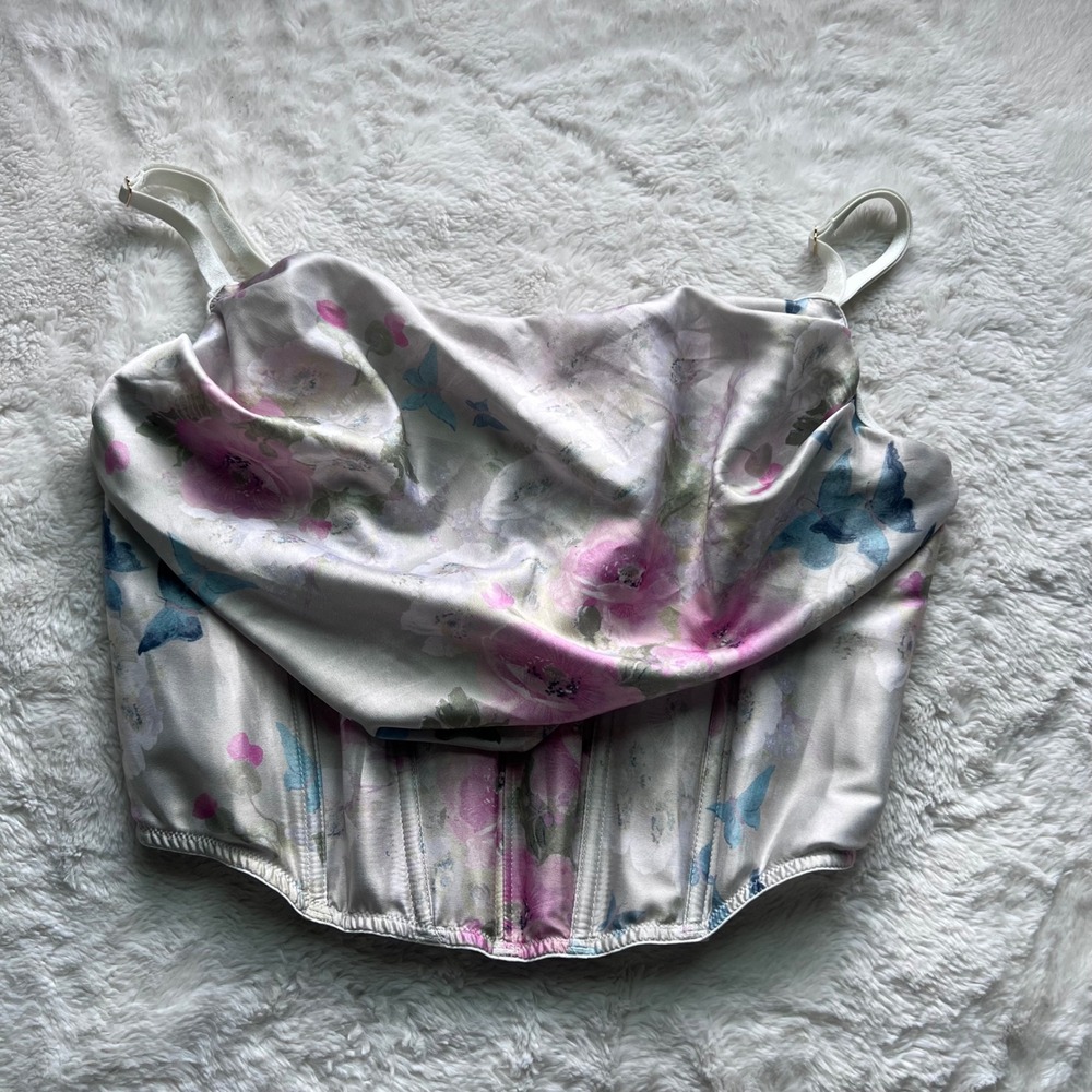 Victoria's Secret Floral Butterfly Satin Corset Cowl Top XL White Pink 11250937